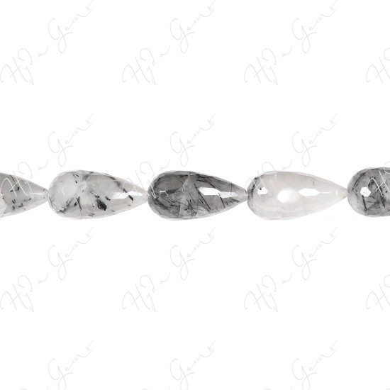 Black Rutile Quartz Faceted Drop Beads