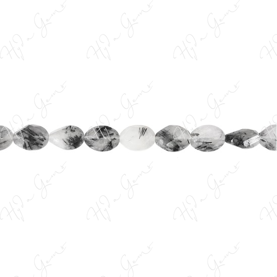 Black Rutile Quartz Faceted Flat Oval Beads